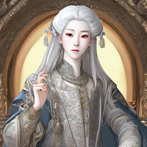 Prompt: A portrait view of a female Korean animated with white hair (rainbow highlights). She is in an only white and silver renaissance dress and has on silver jewellery. 