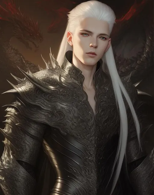 Prompt: white dragon King,young man, beautiful guy with long white platinum hair,  pale skin, black opalescent dragon armor, masculine, hyper realistic, high detail, high contrast, beautiful, volumetric lighting, fantasy, elegant, 16k, realism, art by greg rutkowski, art by tom bagshaw, beautiful painting by daniel f gerhartz