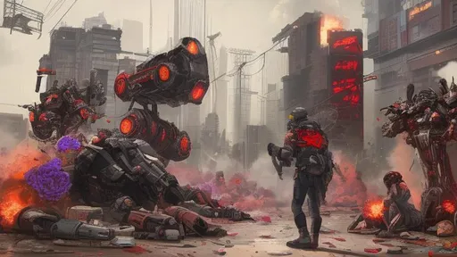 Prompt: Cyberpunk mechs, Riots in the streets, corporate corruption, cities burning, and a single flower in the chaos, tear gas, gas masks, pills, cash money