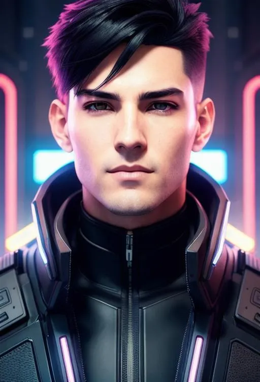 Portrait of a men in a futuristic cyberpunk style in neon clothes. A  high-tech man