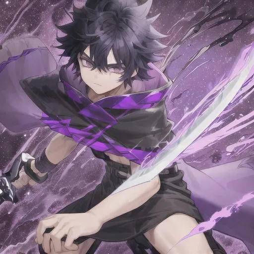 Prompt: boy with long purple bangs hair, Black and dark purple poncho, grey eyes, Injured, full body, dual swords, Galaxy background, Splash colored, stars