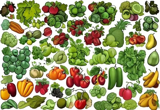 Prompt: Picture of fruits and vegtables on winding vine cartoonish quality
Vines throughout picture 

