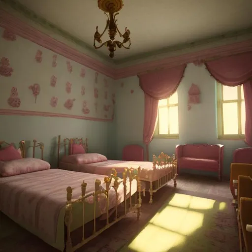 Prompt: orphanage bedroom with multiple comfy beds
