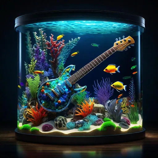 Prompt: Full length photo An electric guitar shaped aquarium filled with colorful fish and marine plants inside. super clear resolution, high definition, extremely detailed, colorful, 32 k, cinematic postprocessing, crisp quality, 3d, photorealistic, award winning, cinematic lightning
