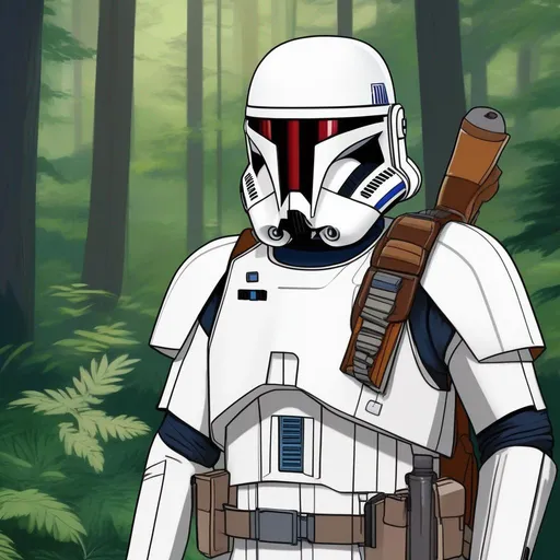 Prompt: Star wars rebel alliance male pathfinder. white and blu uniform. Wearing an helmet. In background a deep forest. Rpg art. Star wars art. 2d art. 2d. Well draw face. Detailed. 