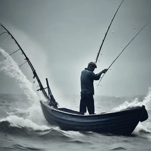 Prompt: A man in a small fishing boat in the sea and raining harshly fight for his life