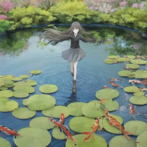 Prompt: Girl walking on water, pond surrounded by koi and lily pads