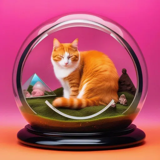 Prompt:  an orange house cat sleeping in a magic circle, terrarium, vivarium, Orgonite pyramids with chrome accents, Mushroom Cloud, a pink backdrop, by H. R. Giger, by Dr. Seuss, 