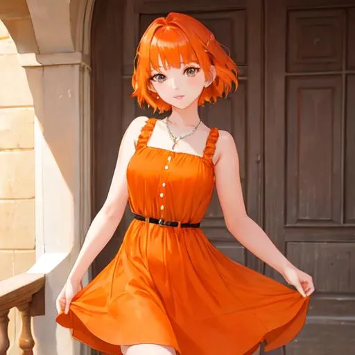 Prompt: girl with orange short hairs orange hairs  buetiful orange dress princess of rubi dimonds