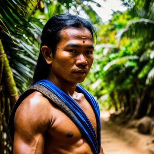 Prompt: HD photograph of khmer warrior ready for battle 800 years ago, ultra realistic, close up, background jungle, UHD, 8k, Cannon, Soft Lighting, sunset 4pm