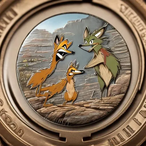 Prompt: wile e. coyote AND roadrunner coin, surprise me