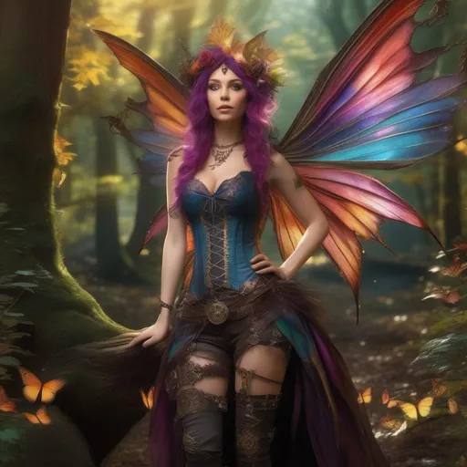 Prompt: Epic. Cinematic. Shes a (colorful), Steam Punk, gothic, witch. spectacular, Winged fairy, with a skimpy, (colorful), gossamer, flowing outfit, standing in a forest by a village. ((Wide angle)). Detailed Illustration. 8k.  Full body in shot. Hyper real painting. Photo real. A (beautiful), shapely, woman with, (anatomically real hands), and (vivid) colorful, (bright) eyes. A (pristine) Halloween night. (Concept style art). 