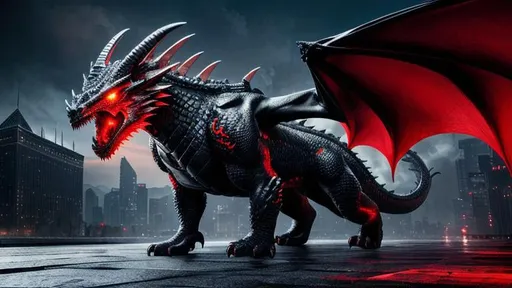 Prompt: Dragon, masculine body, dragon head,  red eyes, high detail, ultra 8k, realistic, black costum, wings,city