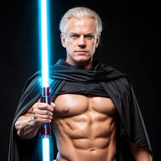 Prompt: depict young blonde haired Chancellor Palpatine as a body builder with a red lightsaber instead of blue using best practices
