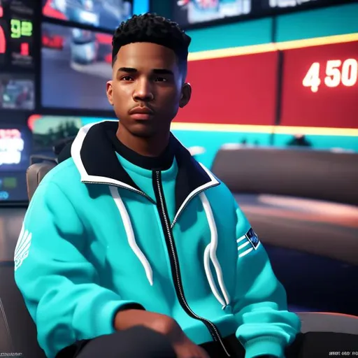 Prompt: a close up of a person wearing a blue jacket, virtual engine 5, in style of tyler mitchell, gta character, black and aqua colors, inspired by Malcom Howie, top boat racing simulator, 5 4 s, 5 0 s, npc, wearing adidas clothing, unreal5, teal, 50s, gui, dj, ƒ5.6