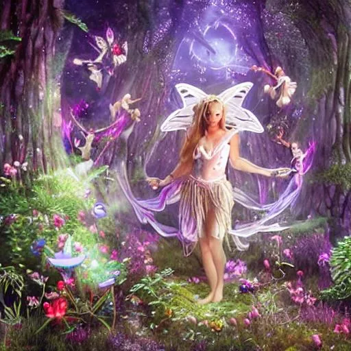 Prompt: enchantress surrounded by beautiful fairies

