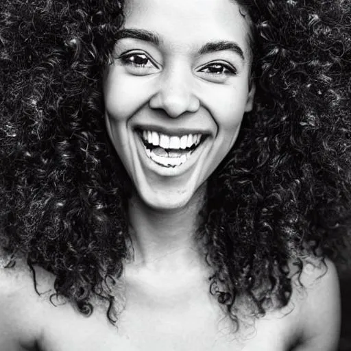 Prompt: Highly detailed , sharp , symmetric photo of a galactic godess with a beautiful smile and beautiful curly hair , hunter eyes  and good proportions in color and  white teeth in black and white