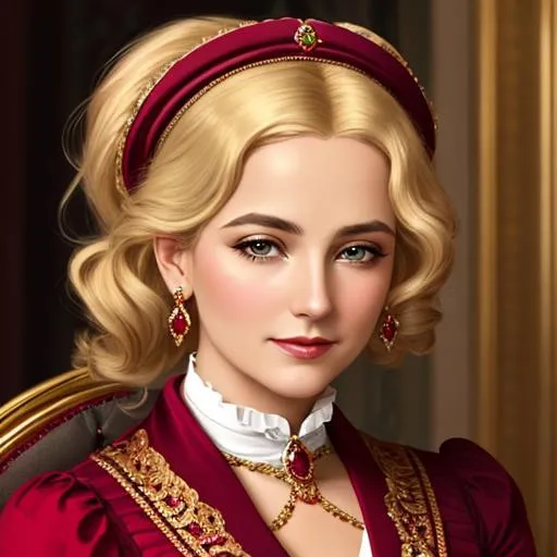 Prompt: Wealthy, stylish lady of the Victorian era, blonde hair, wearing ruby and gold jewelry, wearing ,facial closeup