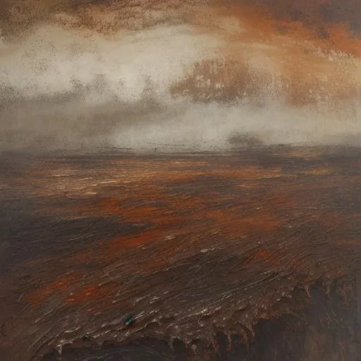 Prompt: oil daubs, umber and rust in the center, turning to deep browns and blacks at the edges, with a swirling chaotic mist overlay