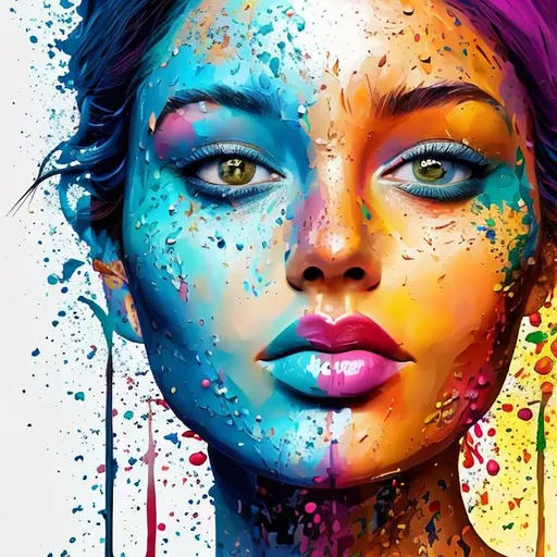 Prompt: poster color art, human face art, splashes on background.