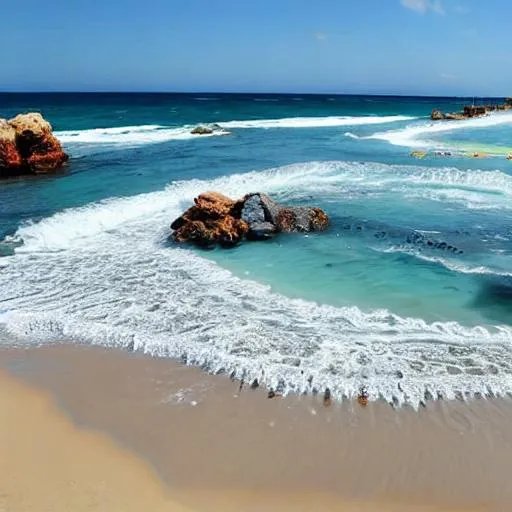 Prompt: Una playa de arena blanca con aguas cristalinas y palmeras que se balancean con la brisa. La imagen podría destacar los colores brillantes del agua y el cielo azul, lo que atraería la atención de aquellos que buscan unas vacaciones tropicales.