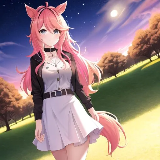 Prompt: Haley as a horse girl with bright multi-color hair, walking in the park at night




