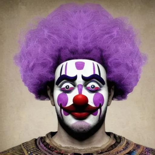 Prompt: Purple Clown Laced into Place, Twizzly Eyes, Intention to Break Down, Bright Signs of Akaydian Beings