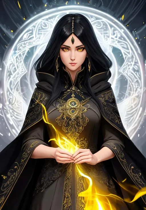 Prompt: Character concept art of a beautiful 
 and intense female sorcerer in her 30s with flowing black hair under a black cloak with glowing yellow eyes wearing a fitted gray dress surrounded by swirling energy. A cathedral in the background. Fantasy, intricate, elegant, highly detailed, digital painting, trending on artstation, detailed face, realistic face, smooth, sharp focus, illustration art by Stanley Lau