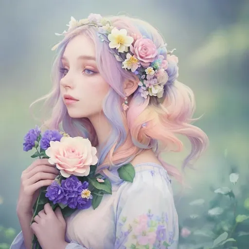 Prompt: Beautiful creation, woman with flowers in her hair, pastel colors