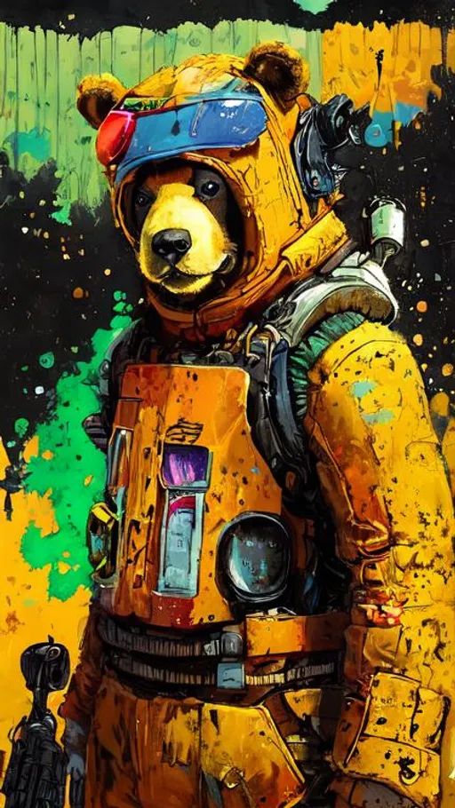 Prompt: Weird colorful teddy bears, nuclear wasteland, assembly line, cloning, mech, guns, hyper detailed, very colorful 