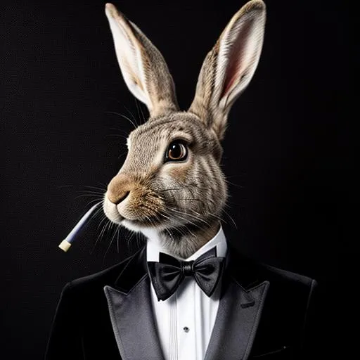 Prompt: hyper realistic anthropomorphic hare rabbit in tuxedo with dark goth vibe and a cigarette smoking monochrome shadows