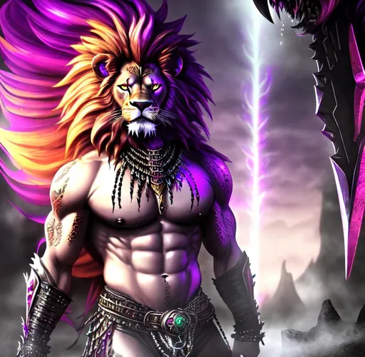 Prompt: Horror, Scary, Ominous, Sinister, freeform dark chaos epic bold, 3D, HD, {one}({liquid metal {African}Lion dressed in Barbarian outfit} with {purple gold pink green red silver blood}ink), expansive psychedelic background --s99500