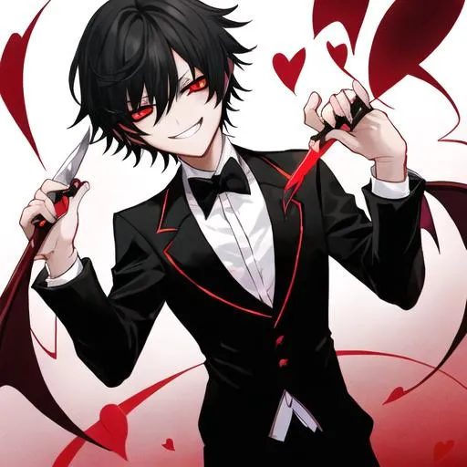 Prompt: Damien (male, short black hair, red eyes) grinning seductively, holding a knife, hearts around him

