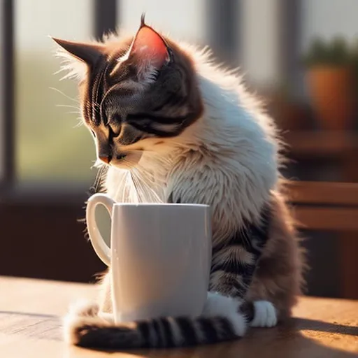 Prompt: A cat sitting on a table drinking coffee realistic cute fluffy drinking licking 