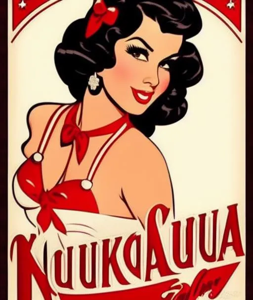 Prompt:  Beautiful Nuka-Cola girl, vector pin-up modelling, post war style, detailed face, american postcard art style, vector, by Jamie Tyndall,  Kat Von D