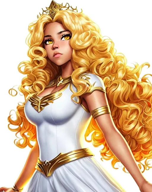 Prompt: A beautiful 15 year old ((Latina)) light goddess with light brown skin and a pretty face. She has curly yellow hair and yellow eyebrows. She wears a white dress with gold. She has glowing yellow eyes and white pupils. She wears a gold tiara on the back of her head. She has yellow energy surging through her body. Epic movie poster art. {{{{high quality art}}}} ((princess))