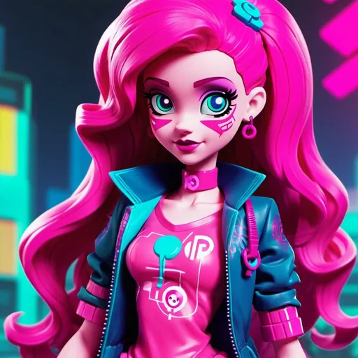 Prompt: cyberpunk equestria girls pinkie pie with pink skin 