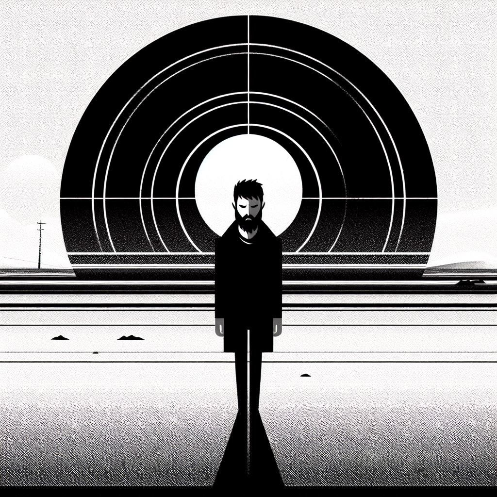 Prompt: a black and white figure with a beard is standing on a flat landscape, in the style of jeff soto, animated gifs, clockpunk, use of light and shadow, circular shapes, emotive faces, yumihiko amano