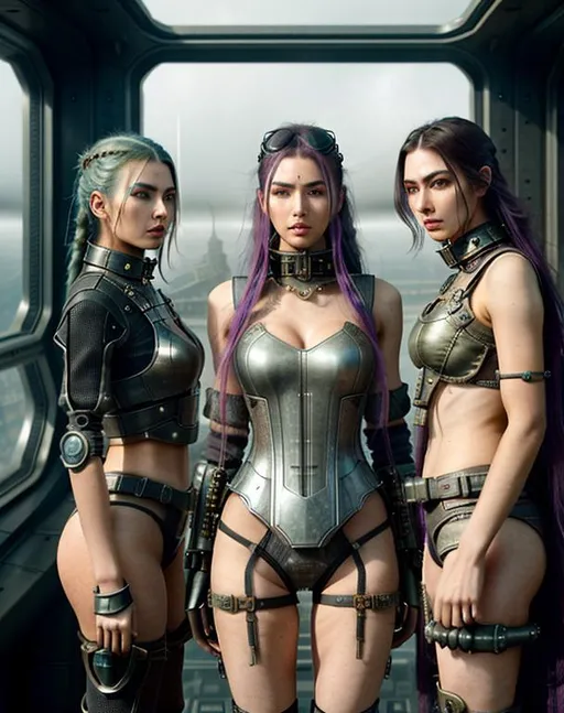 Prompt: Realistic futuristic dystopian landscape, heavy mist, at the edge of space, with a large time hole on the sky,

Depicting a female Steampunk style High Fantasy Dhamani, an exquisite portrayal of an exotic, gorgeous, slender, long random colored hair, ultra realistic young adult woman, wearing a heavy iron collar,

Gorgeous perfectly detailed facial features, long legs, sumptuous perfect body, ultra pale, visible midriff,

Perfect studio lighting, perfect shading, Professional Photo Realistic Image, RAW, artstation, splash style dark fractal paint, contour, hyper detailed, intricately detailed, unreal engine, fantastical, intricate detail, steam screen, complimentary colors, fantasy concept art, 64k resolution, deviantart masterpiece, splash arts, ultra details, Ultra realistic, hi res, UHD, complete 3D rendering.