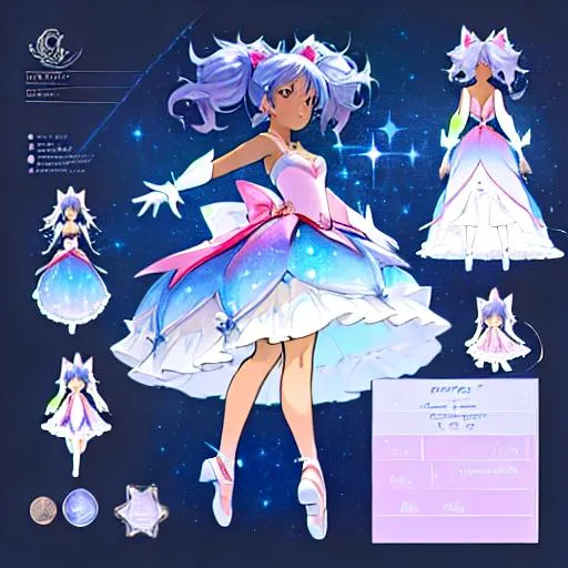 Prompt: A character sheet of an anime magical girl with  hair and dark skin, covered in stars. blue accents on outfit. holding a wand Concept Art. puffy skirt. madoka magica inspired. ballet inspired. ballgown inspired. reference sheet, different poses,  concept sheet, beautiful face, pigtails hair