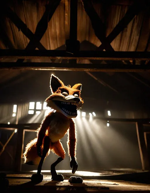 Prompt: A creepy animatronic fox with an eyepatch, hook hand, and toothy grin poses on an abandoned stage. Foreboding shadows surround it. Dusty beams of light shine down from rafters above. Shot on Fuji GFX with a wide angle lens for an ominous mood. Gritty, sinister, and unsettling in the style of Five Nights at Freddy's. 