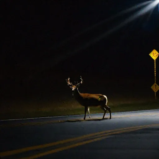 Prompt: A buck crossing the road at night. Headlights of oncoming vehicle shining on him