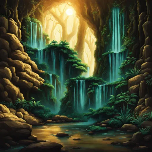 Prompt: Envision a glowing waterfall in a lush forest 