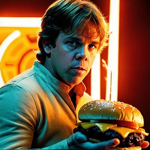 Prompt: high quality movie still of Luke Skywalker eating a giant cheeseburger, ultra realistic ultra-high definition skin, dramatic lighting,