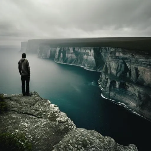 Prompt: lonely sad man at the edge of a cliff