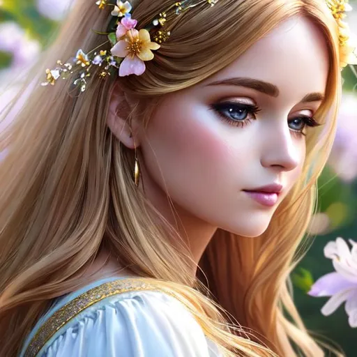 Prompt: fairy goddess of Springtime with golden hair with flowers woven into her hair, ethereal, facial closeup