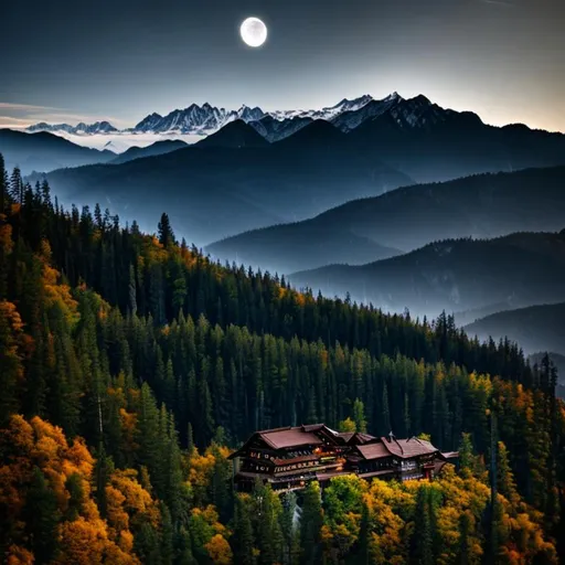 Prompt:  house, horror, at midnight ,  full moon shining bright , mountain , dark forest , fire, fall of snow's.