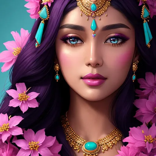 Prompt: Cosmic Epic Beautiful goddess, facial closeup, mauve flowers and turquoise and gold jewelry