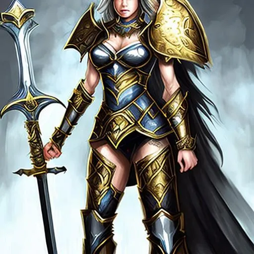 Prompt: Warrior girl with a white and gold armour and a geant black sword