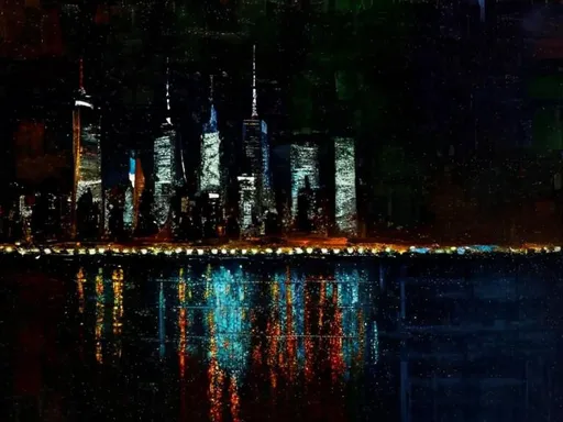 Prompt: New York Skyline from 42nd Street Pier, thick oil impasto